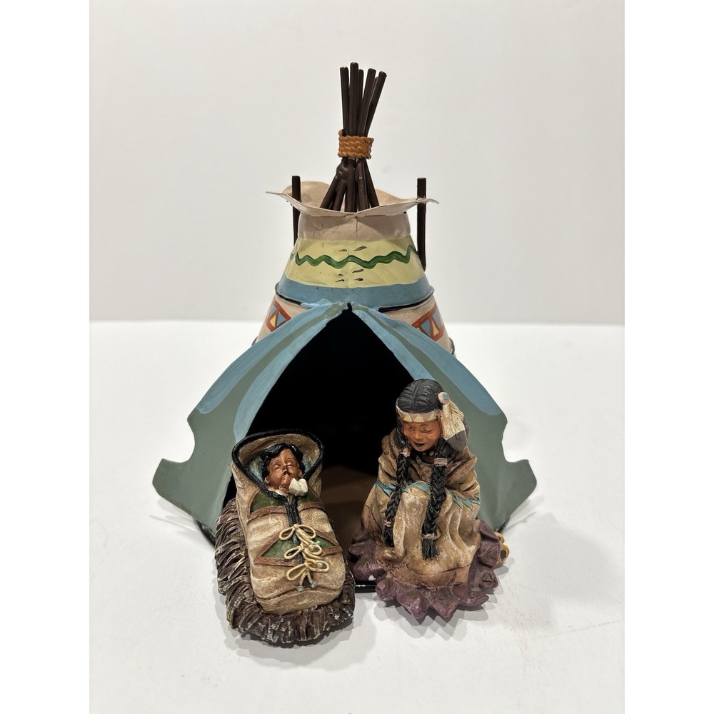 Vintage Hand Painted 2003 WMG Metal Native American Teepee w/ 2 Resin Figurines